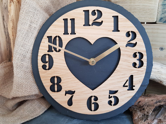 Heart Numbers Slate & Oak Clock