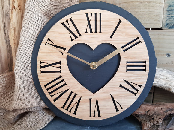 Heart Arabic Slate & Oak Clock