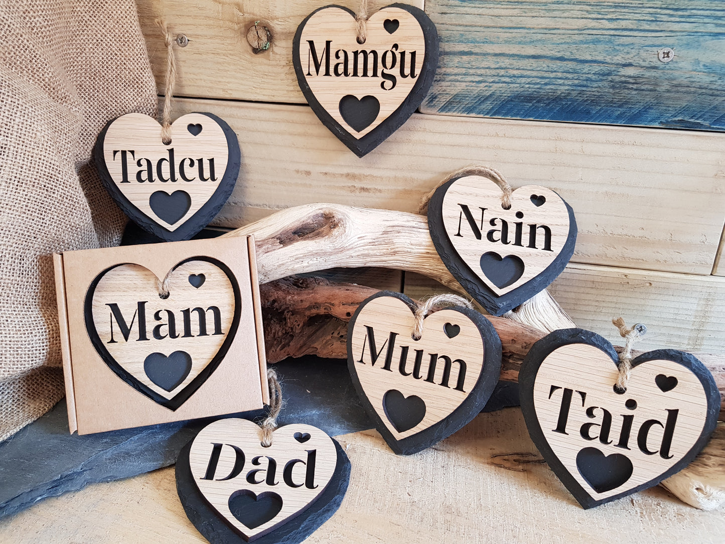 Personalised Slate & Oak Double heart