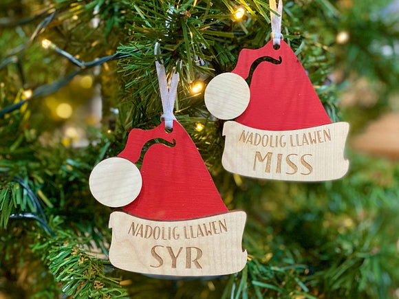 Teacher Santa Hat Wooden Bauble