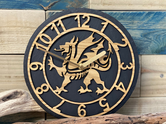 Welsh Dragon Slate & Oak Clock